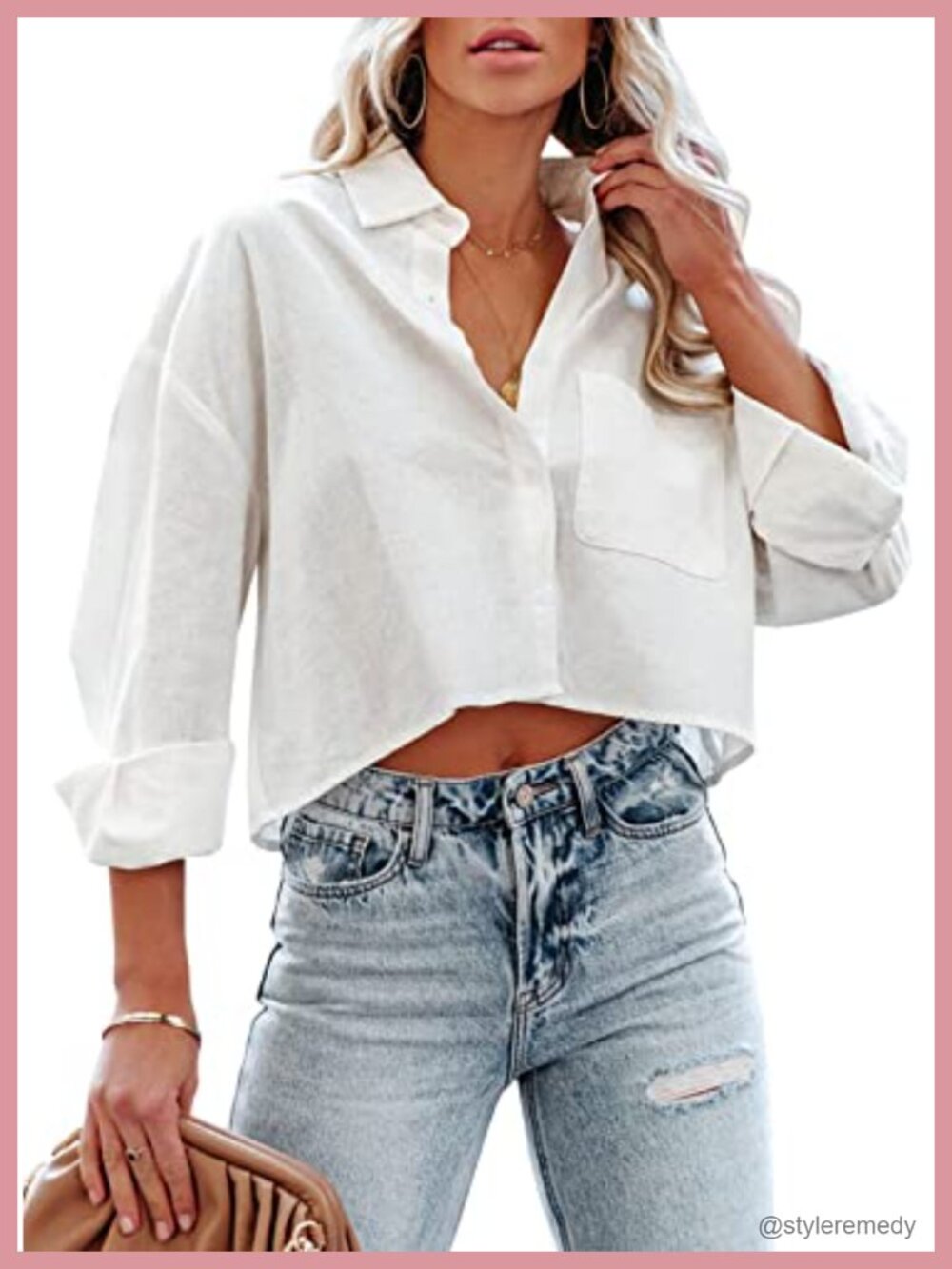 Women's 100% Cotton Long Sleeve Cropped Button Down Blouse with Chest Pocket